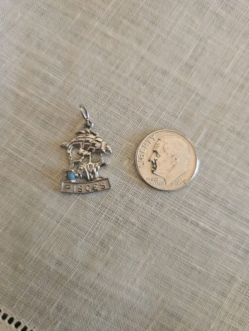 Cool Vintage 60s Sterling Silver 925 Pisces Zodiac Charm/Pendant Turquoise Stone - Picture 2 of 4